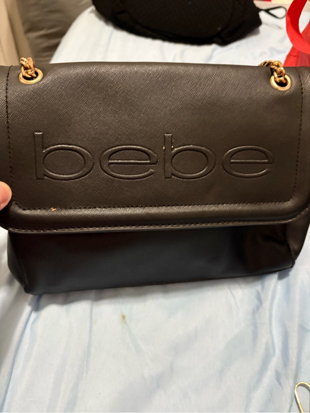 bebe Black Shoulder Bag with Gold Chain Detail